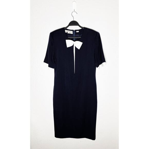Vintage Nina Ricci Charm Women’s Navy Shift Dress White Bow Trim Classic Preppy - Picture 1 of 9